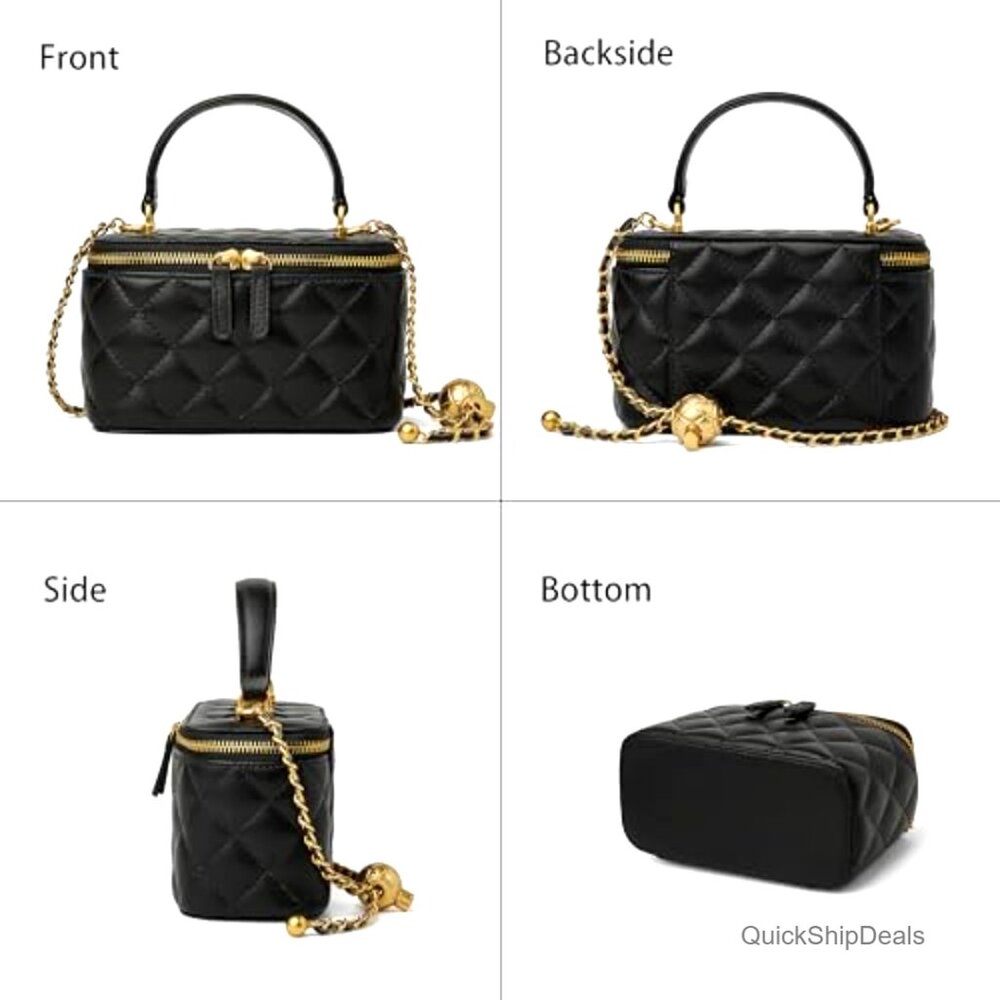 Small Quilted Leather Crossbody Bag With Chain Strap Mini Top Handle Purse - Picture 4 of 7